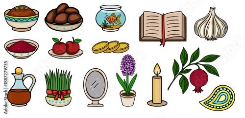Set of colorful Nowruz elements vector illustration, traditional symbols for spring celebration