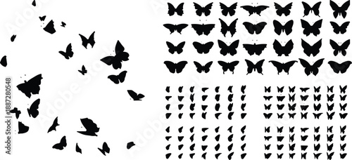 Butterfly silhouette collection, black vector insects, flying butterfly design, scalable grid layout, nature illustration set, decorative winged icons pack