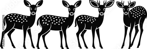 Deer silhouette illustration, black forest animal design, spotted fawn and antlered buck icons, wildlife vector artwork, nature pose collection
