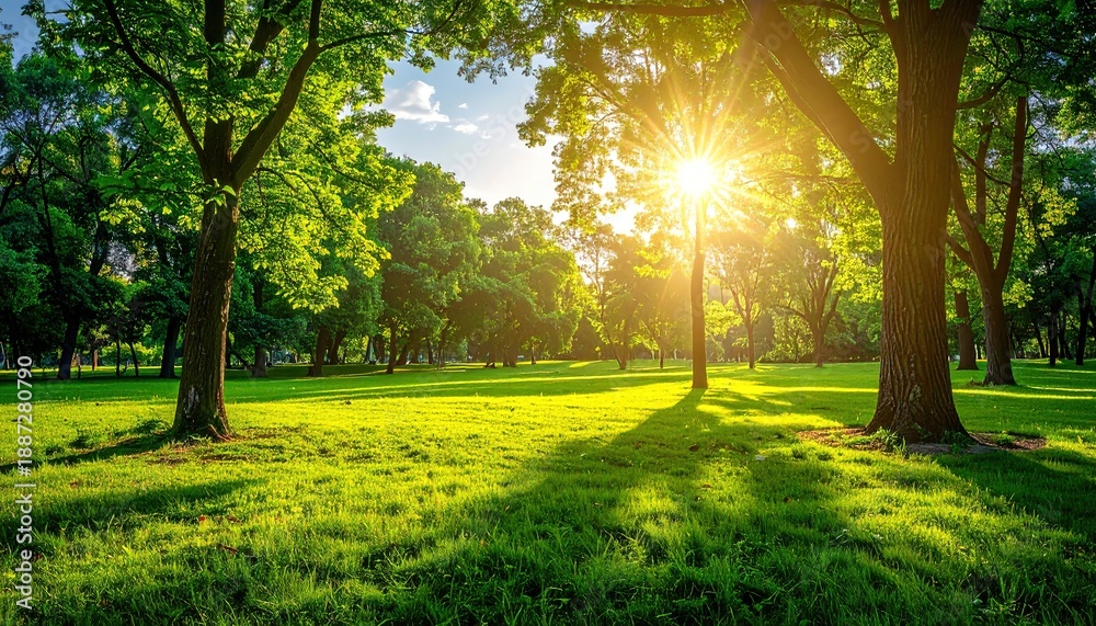 Fototapeta premium Sunlight Streaming Through Lush Green Trees in a Serene Park.