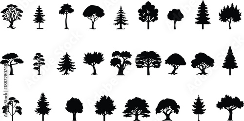 Tree silhouette collection, black vector foliage, diverse tree shapes, conifer and deciduous icons, landscape design elements, botanical illustration set