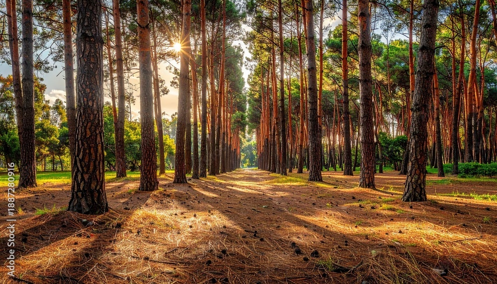 Obraz premium Sunlight filtering through a dense pine forest, casting long shadows on the needle-covered ground.