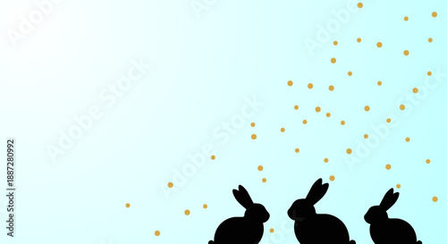 Three black easter rabbit silhouettes looking up at golden dots on a light blue gradient background