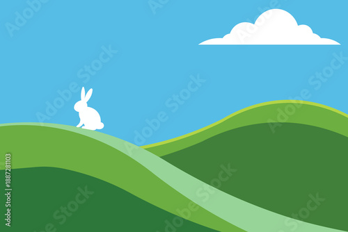 Minimalist white rabbit silhouette sits on a green hill under a blue sky with clouds