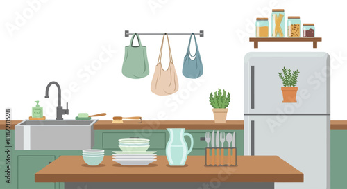 Clean Kitchen Interior with Dishes and Appliances