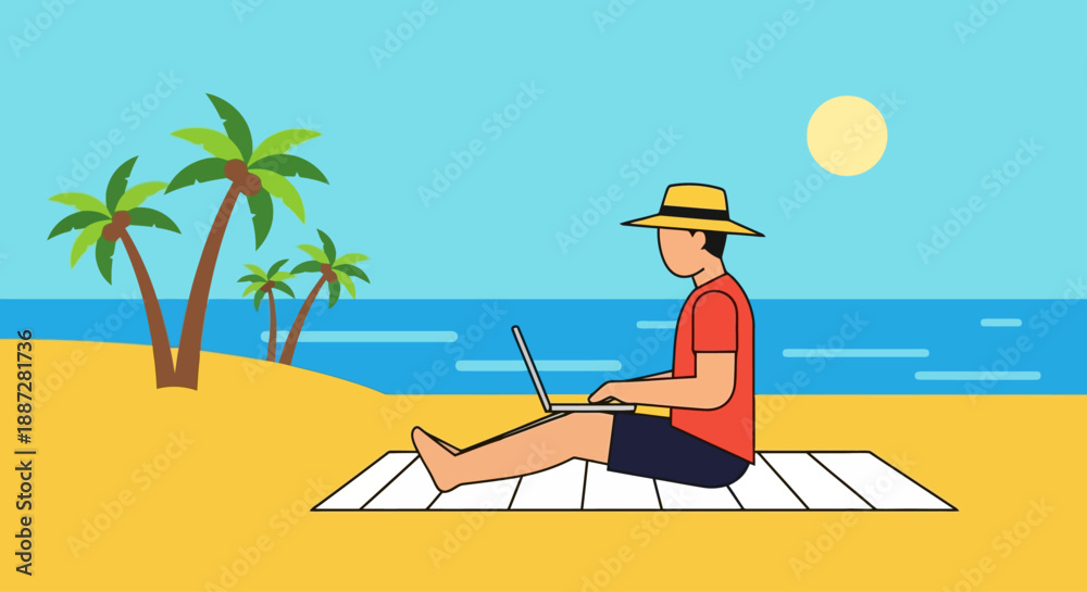Fototapeta premium Man Relaxing on Beach with Laptop