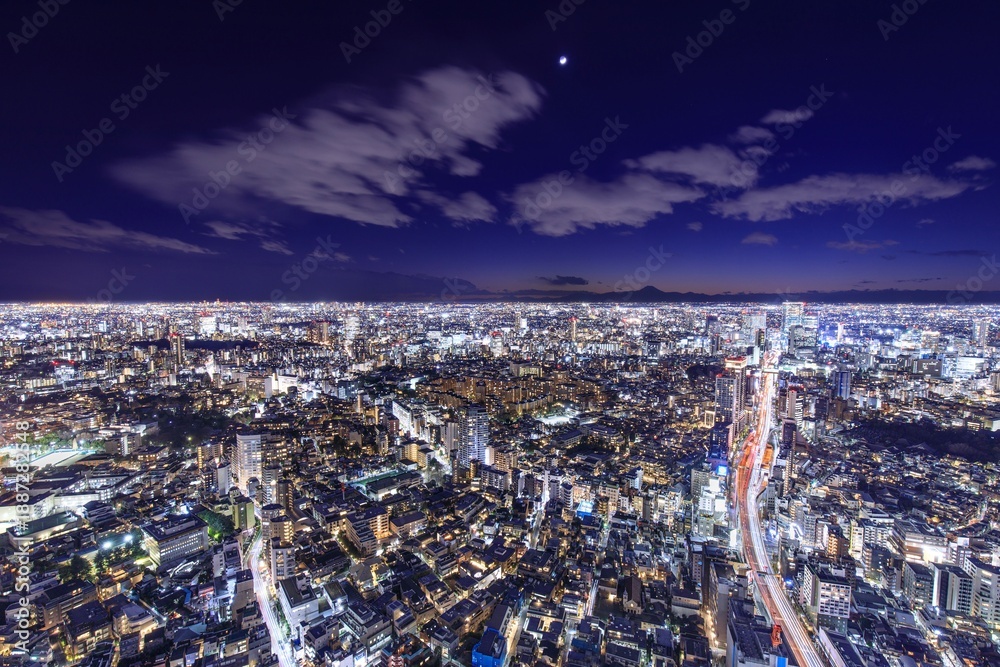 Fototapeta premium 【夜景100選】東京都、六本木ヒルズ東京シティビューから眺める夜景（渋谷・富士山方面）