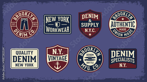 Vintage Denim and Workwear Badges Collection. Retro apparel logos featuring Brooklyn and New York typography emblems for clothing brand design.