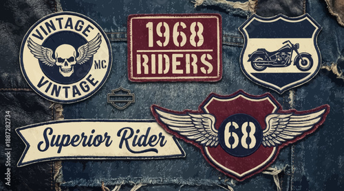 Vintage Motorcycle Club Patches on Denim: Retro Biker Embroidery Set with Skull, Wings, and Classic Rider Emblems.