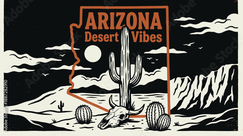 Retro Arizona Desert Vibes Illustration. Vintage grunge design with Saguaro cactus, state map outline, and Southwest bull skull graphic for apparel.