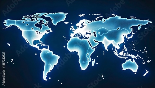 A glowing, semi-transparent world map with light trails superimposed over a timelapse of a starry night sky. A concept of global connection and travel.