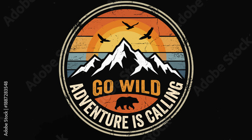 Retro Adventure is Calling Badge: Vintage Mountain Peaks, Bear Silhouette, and Sunset Stripes Graphic for Outdoor Apparel and T-shirts.