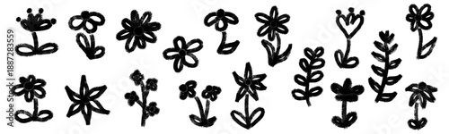 Hand drawn grunge floral collection with wild flowers, plants, leaves and branches in chalk crayon style, rough textured naive doodles, whimsical scribble scrapbook set. Vector illustration isolated