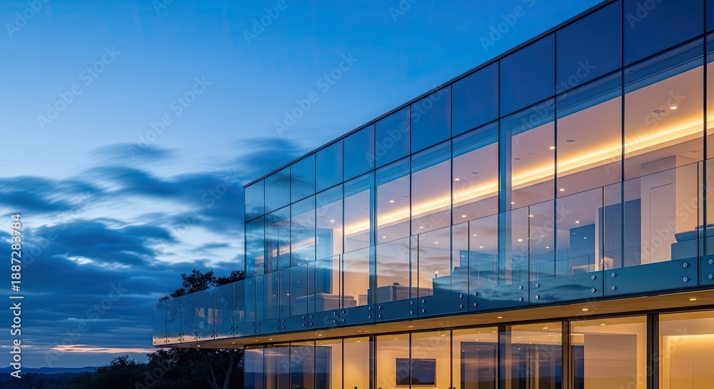 Obraz premium Modern glass building at dusk, showcasing reflections and illuminated interiors