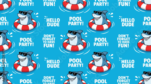 Cool Shark Summer Pool Party Seamless Pattern. Funny Cartoon Animal Character in Sunglasses Floating in Water, Repeat Background Design with Text.