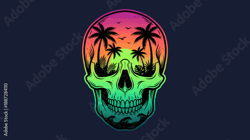 Retro Neon Gradient Skull with Tropical Beach Sunset Silhouette. Summer Surf Vibes Skull Illustration for Apparel and Merch.