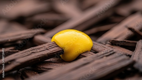 Close-up of a vibrant yellow slime mold resting on dark brown wood chips