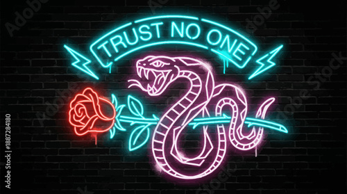 Trust No One Neon Sign Art. Edgy Snake and Rose Tattoo Style Design Glowing Against a Dark Black Brick Wall Background.