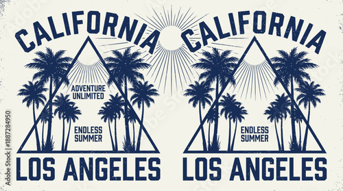 California Los Angeles Retro T-Shirt Design. Vintage Palm Trees, Sunburst, Grunge Texture. Endless Summer Adventure Unlimited.
