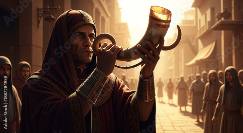 Man plays jericho trumpet in an ancient city street, robed figure addressing a gathered crowd. This symbolic jericho trumpet represents important announcement, solemn warning, or urgent call.
