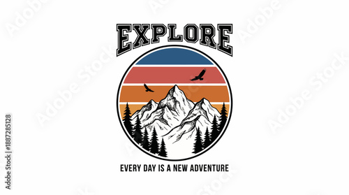 Vintage Explore Adventure T-shirt Graphic Design. Retro Mountain Landscape Badge with Pine Trees, Eagles, and Sunset Striped Background.