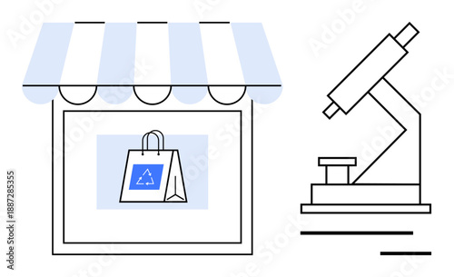 Sustainability, eco-friendly products, scientific research, environmental solutions, retail, innovation. ion of a storefront with a recycling bag and a microscope. Sustainability and eco-friendly