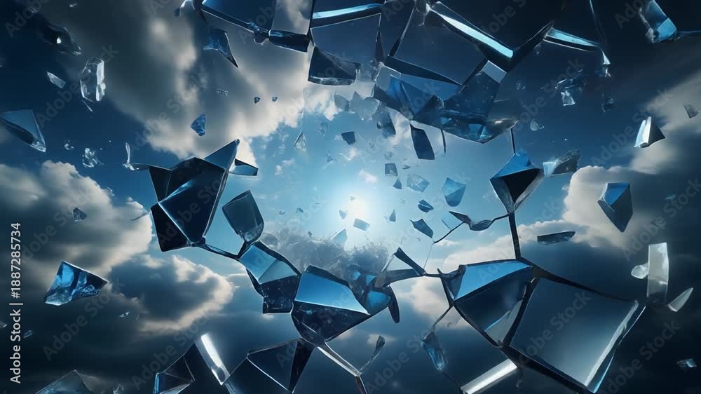 Shattered glass explosion over blue sky reflective shards floating ...