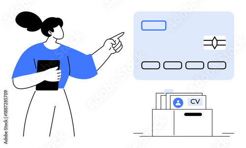 Digital identity management. Digital identity showcased with a woman organizing data files and credentials. Digital identity for secure storage, verification, and data management in technology. Ideal