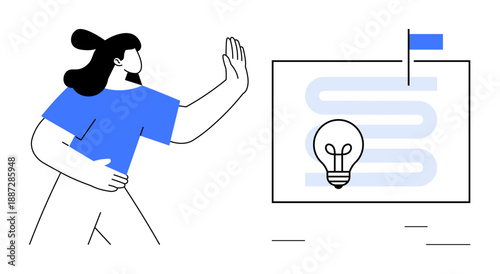 Innovation concept. Woman holds hand up gesturing stop while lightbulb on a presentation board signifies ideas. Innovation in brainstorming, planning, teamwork, education, problem-solving