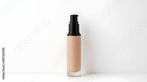 A bottle of foundation stands on a white surface against a plain white wall viewed from the front