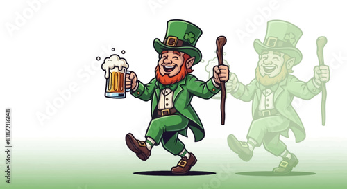 Happy Leprechaun Holding Beer Mug and Walking Stick with Ghostly Figure