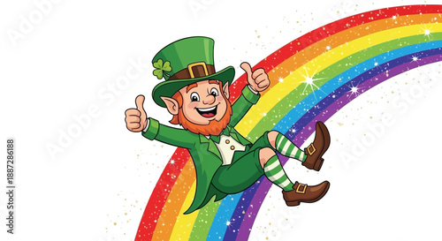 Joyful Leprechaun on a Rainbow Slide with Glittering Stars, Symbol of Luck and Celebration