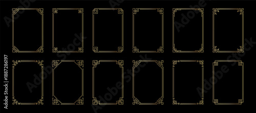Gold geometric photo frame set. Golden glowing rectangle boarder and vintage elegant decorative elements for wedding invitations. Vector illustration isolated on black background