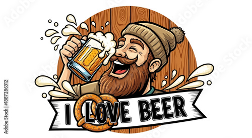 Happy Bearded Man in Beanie Drinking Beer with Foam and Splashes, Pretzel, Wooden Background