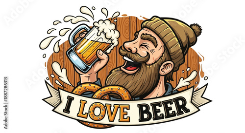 Happy Bearded Man with Mustache Holding a Frothy Beer Mug, I Love Beer Banner