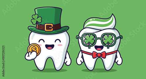 Cute Cartoon Tooth Characters Celebrating St. Patrick's Day with Shamrocks and Gold Coin