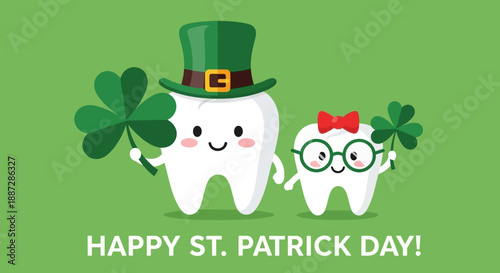 Cute Tooth Characters Celebrating St. Patrick's Day with Shamrocks and Green Hat
