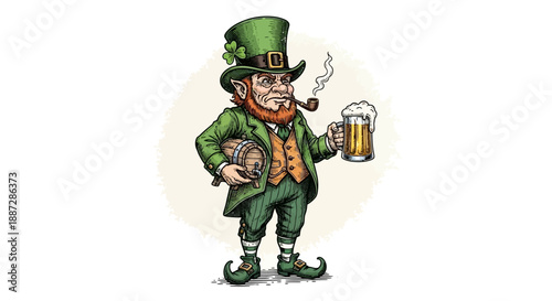Irish Leprechaun Holding Barrel and Beer Mug, Smoking Pipe, St. Patrick's Day