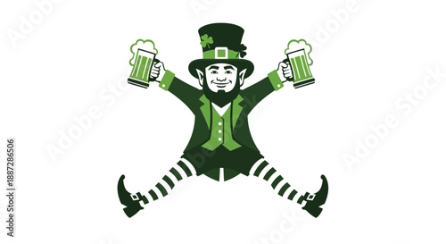 Joyful Leprechaun Dancing with Beer Mugs, Green Festive Irish Celebration Vector Art