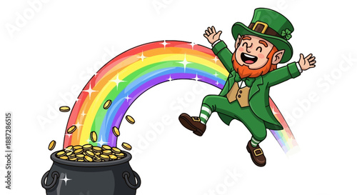 Joyful Leprechaun Jumps Over Rainbow with Pot of Gold Coins, St. Patrick's Day