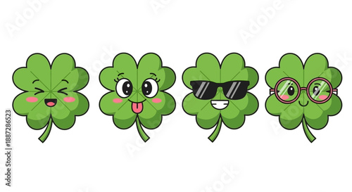 Cute Kawaii Four-Leaf Clover Characters with Different Facial Expressions and Accessories