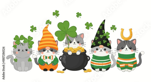 Cute St. Patrick's Day Cats with Clover, Pot of Gold, and Horseshoe