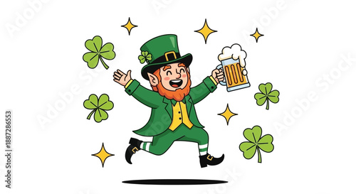 Happy Leprechaun Dancing with Beer and Shamrocks, St. Patrick's Day Celebration
