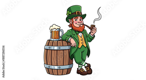 Irish Leprechaun Character with Beer Barrel and Pipe, Traditional Saint Patrick's Day Character