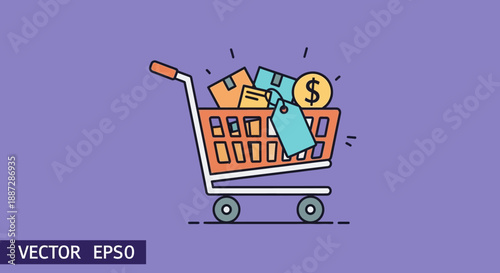 Online shopping cart filled with packages, a price tag, and a dollar coin, representing e-commerce, sales, and retail. Flat vector illustration.