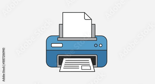 Blue Printer Machine Icon Illustration with Paper Ejecting, Flat Vector Design for Office, Document Printing, Technology