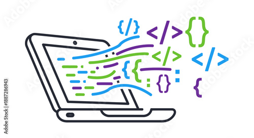 Laptop with abstract programming code flowing out, representing software development, web design, data processing, and digital technology.