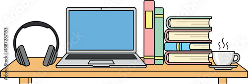 Vector illustration of modern workspace with laptop headphones and books. Flat line art study desk setup with coffee cup and wooden shelf. Bold outline design elements for education and remote work