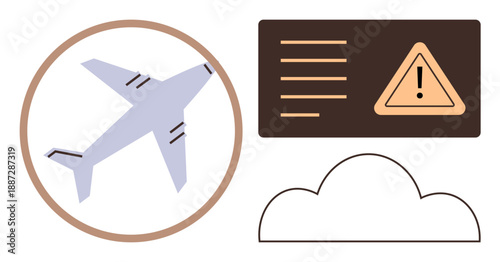 Aviation safety, travel alerts, airline notification, hazard symbols, risk management, emergency communications. Airplane in a circle, cloud and warning sign. Aviation safety and travel alerts theme