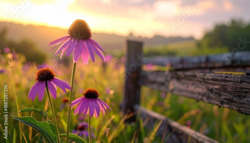 Purple coneflowers blooming in a sun-drenched meadow at golden hour with a rustic wooden fence in the background.